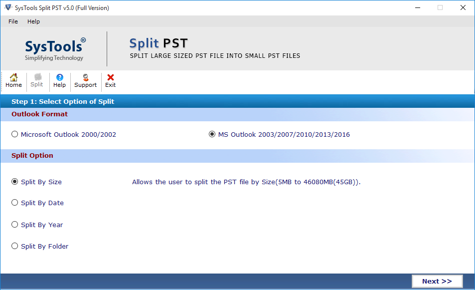 Outlook PST splitter tool