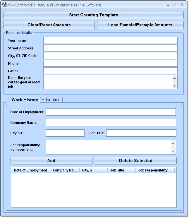MS Word Work History and Education Resume Software